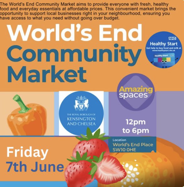 Stock up on fresh groceries & connect with your community!

The World's End Market Friday (June 7th) with local produce & a Community Corner to meet neighbours & learn about local organisations #WorldsEndMarket #ShopLocal #KensingtonAndChelsea #CommunityChampions