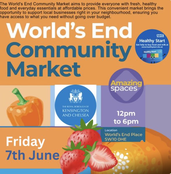 Stock up on fresh groceries &amp; connect with your community!

The World's End Market Friday (June 7th) with local produce &amp; a Community Corner to meet neighbours &amp; learn about local organisations #WorldsEndMarket #ShopLocal #KensingtonAndChelsea #CommunityChampions