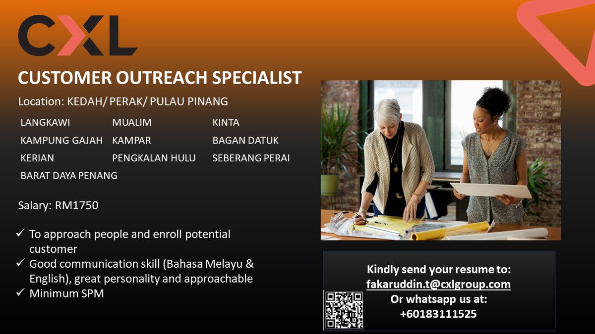 We are looking for Customer Outreach Specialist in Perak, Kedah and Penang. If you are interested please send your CV to Fakar wasap.my/+60183111525/C…