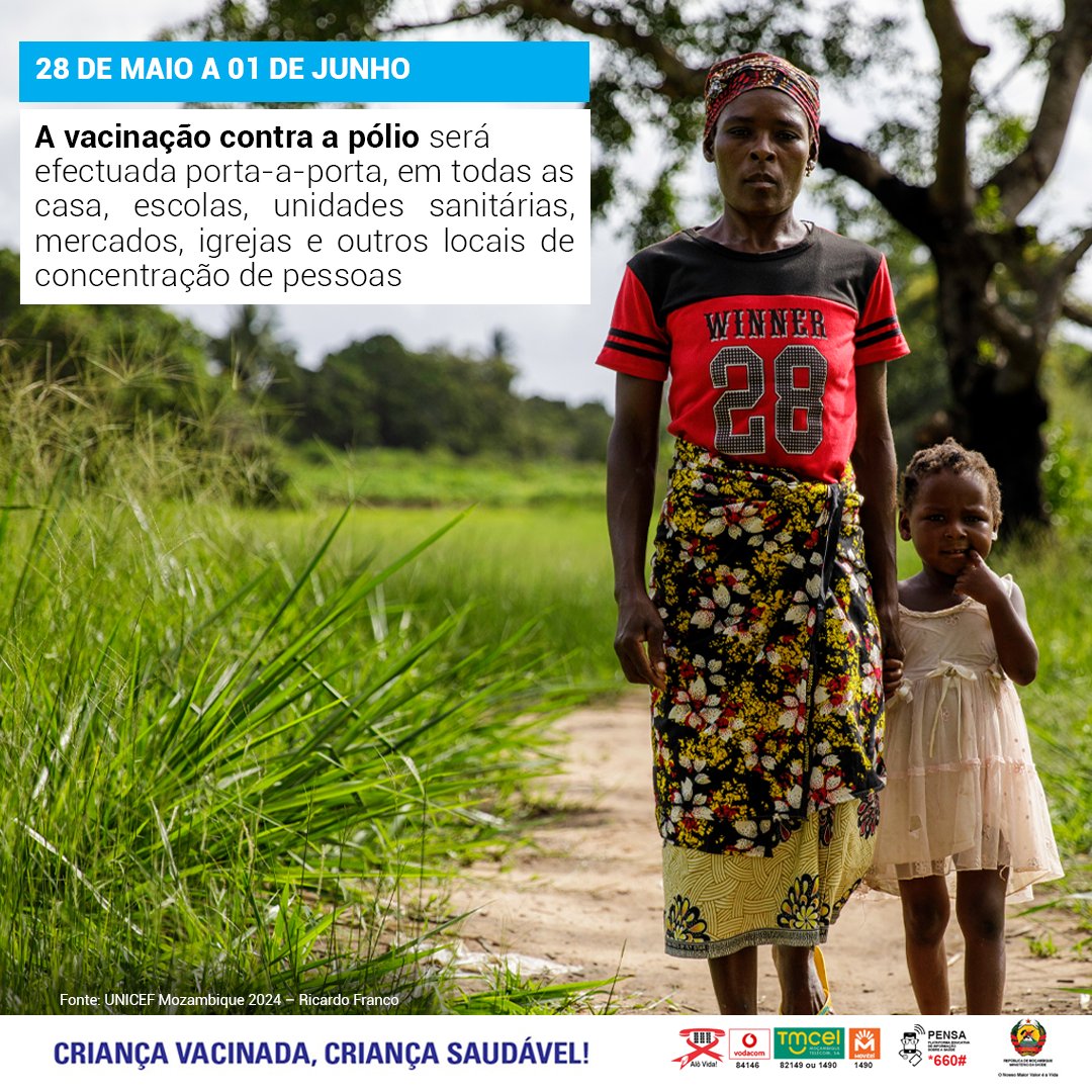 Não fique indiferente à #pólio! De 28 Maio a 1 Junho, os vacinadores vão passar de casa em casa, nas escolas, unidades sanitárias, mercados, igrejas e outros locais de concentração de pessoas, para vacinar contra a pólio todas as crianças menores de 15 anos. #VaccinesWork