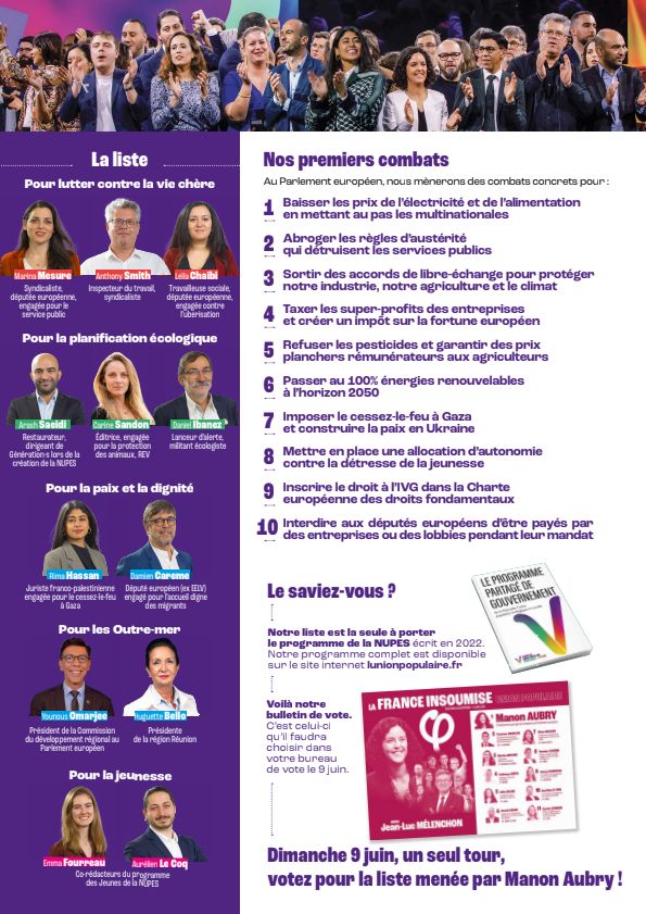 ✨️ Elle arrive dans nos boîtes aux lettres ! ➡️ C'est la profession de foi de @ManonAubryFr pour les #Européennes2024. 🔴 Le 9 juin, donnons de la force à l'#UnionPopulaire ! [P.A.R.T.A.G.E.Z !]