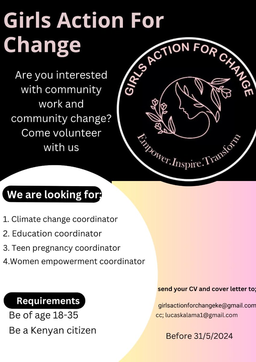 📢📢📢📢!!
Are you passionate about community change and #community  #volunteerism? Here is an opportunity to work with us today. Send your cover letter and CV to girlsactionforchangeke@gmail.com
Cc: lucaskalama1@gmail.com

Deadline; 31st May ,2024

#volunteers 
<a href="/PMwajanji/">Penina Mwajanji</a>