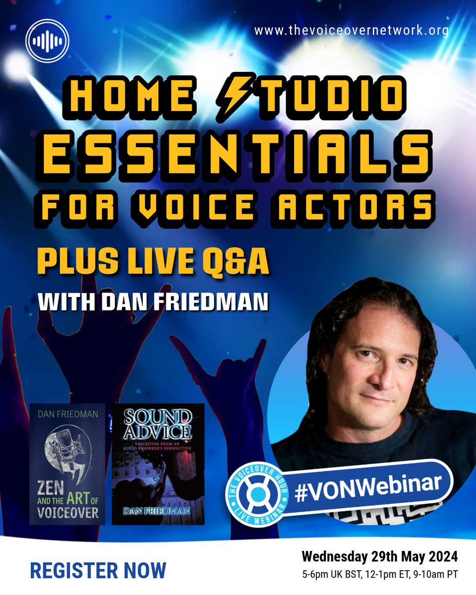 Perfect your home studio setup and get expert advice from at our upcoming #VONWebinar with the one and only Dan Friedman! 🌟 Join us on May 29th for an exclusive #VONWebinar Register for FREE now! 🎟️ thevoiceovernetwork.org/events/the-voi…