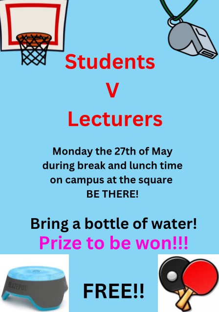 Our Level 5 Health and Social Care class is hosting a Students vs. Lecturers event today on the square. The event will be happening during the morning break and lunchtime for fun activities where you can win points for your team. 🏅