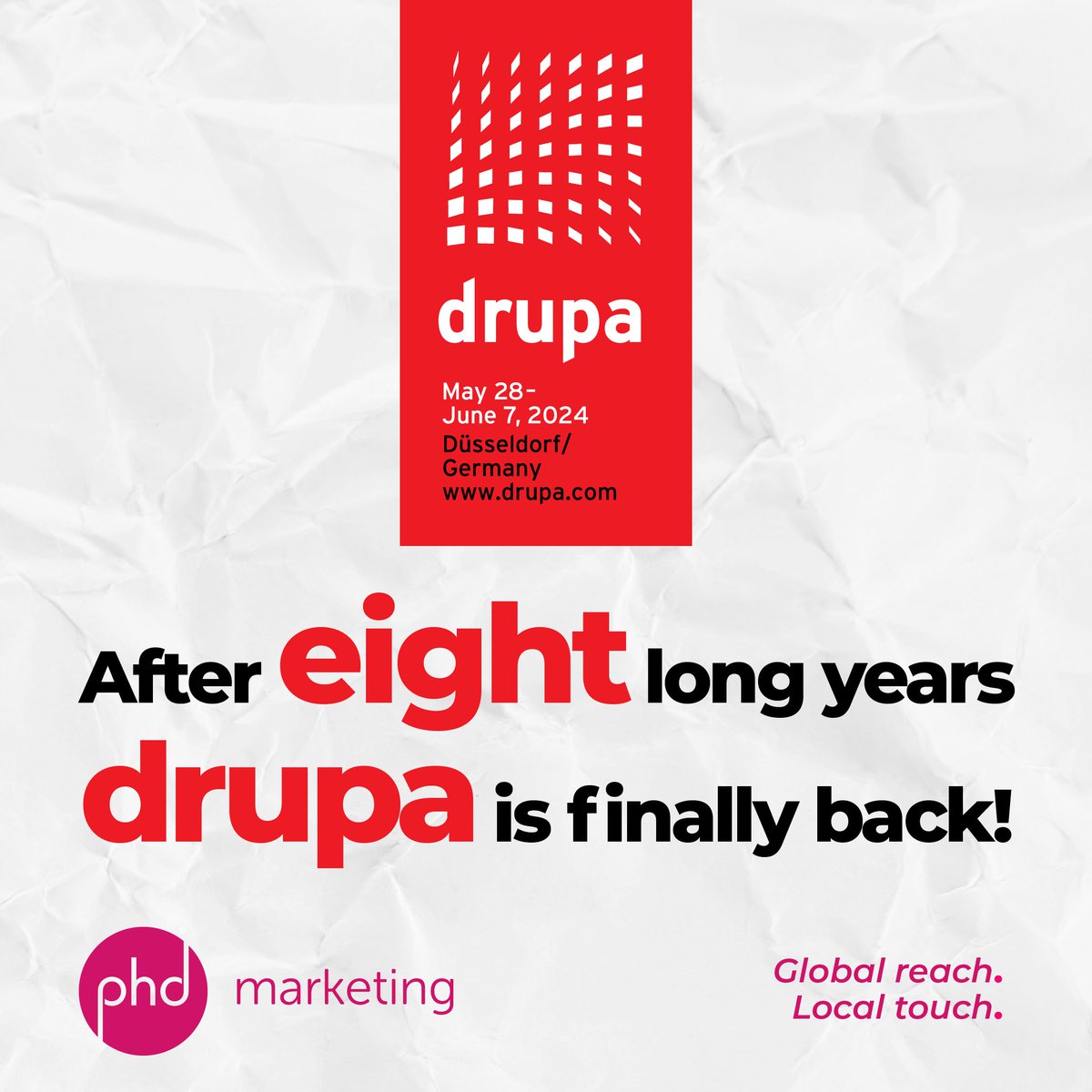We can't wait for the doors to finally open at <a href="/drupa/">drupa</a> 2024! ⏳

Our top team of PHD’ers, boasting a combined 100 years of industry experience (drupa itself is only 73 years old!), is ready to make an impact.

Discover more : phdmarketing.co.uk/phd-marketing-…