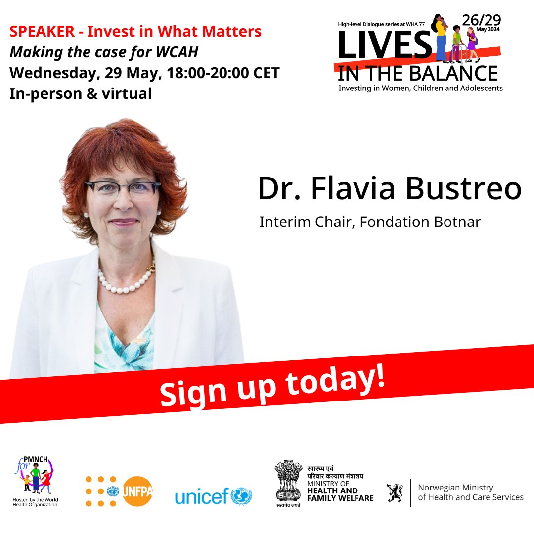Honored to welcome @FlaviaBustreo as a speaker at the #LivesInTheBalance #WHA77 event “Invest in What Matters: Making the Case for #WCAH.”
Join the dialogue for insights & leadership for action & accountability! bit.ly/3UIekyz
@helse_og_omsorg @MoHFW_INDIA @UNICEF @UNFPA