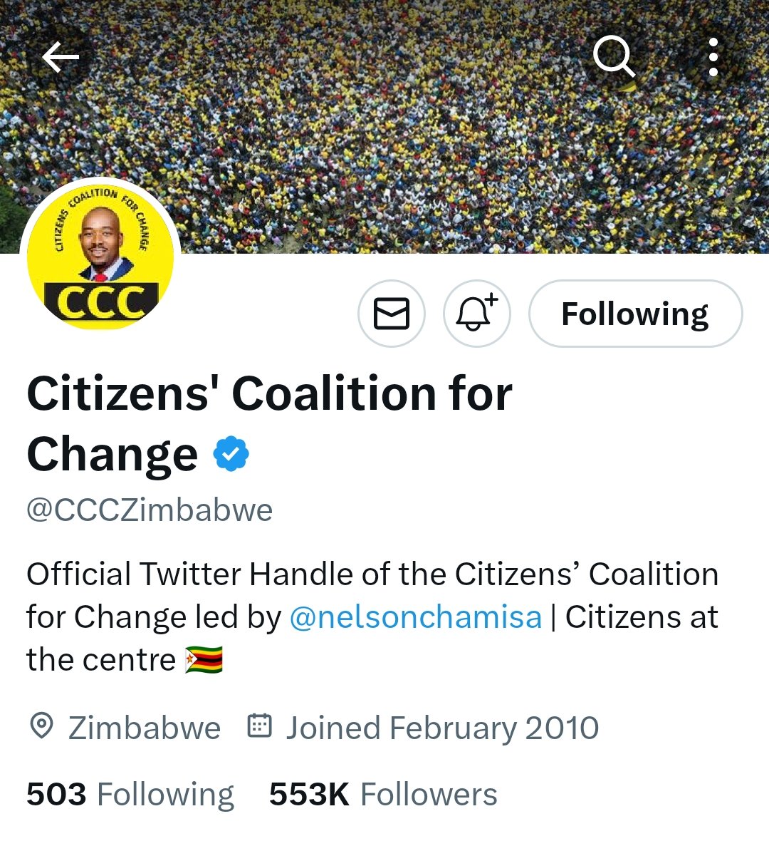 This handle is about to change its name again. From MDC to MDC Alliance now @CCCZimbabwe and soon to be whatever @nelsonchamisa announces. I will challenge these cdes to leave this for @Welshman_Ncube et al. And they start their own page. I'm sure they have the masses.