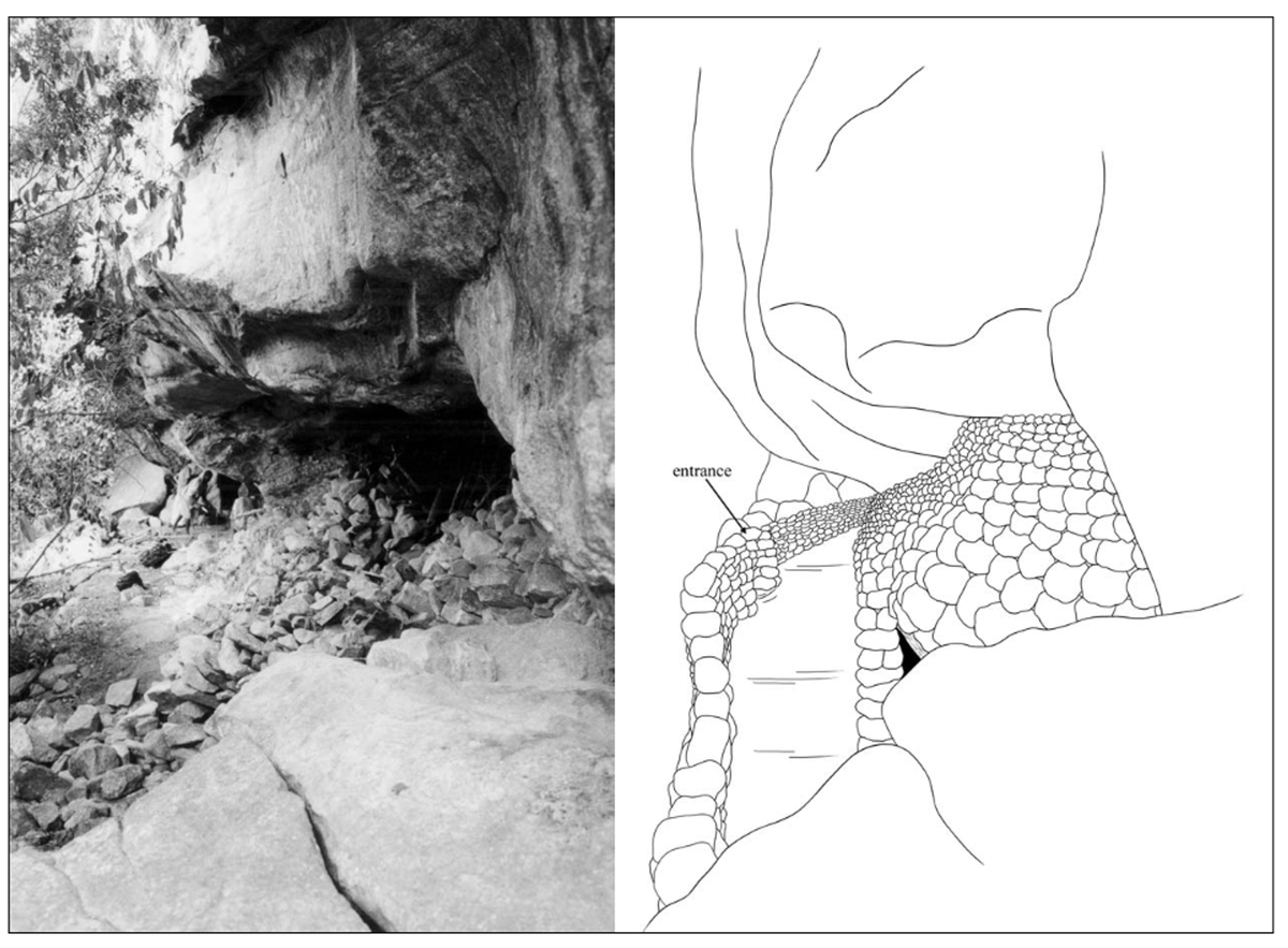 Bungule 20  is a fortified rockshelter that was used as a refuge  against raids by slave hunters and other enemies of the Kasigau people . The enclosure made of a dry stonewall supported by vertical wooden frames and has been used for at least 400 years.