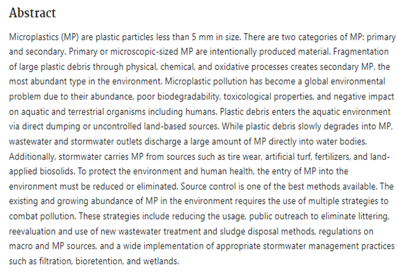 27/5/24. Meegoda JN, Hettiarachchi MC. A Path to a Reduction in Micro and Nanoplastics Pollution. IJERPH . 2023 Apr 18;20(8):5555. doi: 10.3390/ijerph20085555 27/5/24