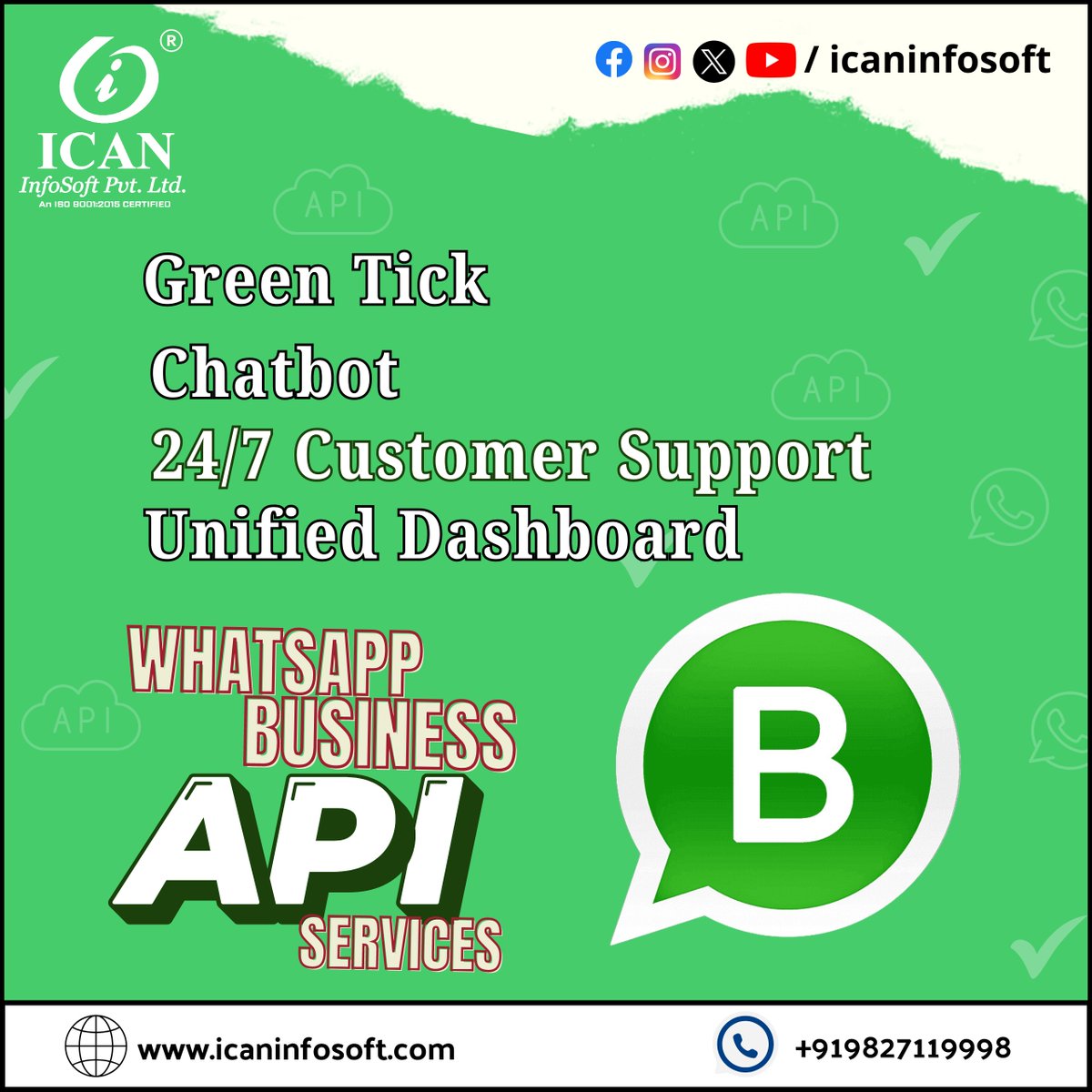 ICANInfoSoft's tweet image. Elevate your customer communication with our advanced WhatsApp API services.
Green Tick
Chatbot
24/7 Customer Support
Unified Dashboard

#icaninfosoft #whatsappAPI #whatsappintegration #APIservices #whatsappchatbot #whatsappmessaging #whatsappbusinessAPI