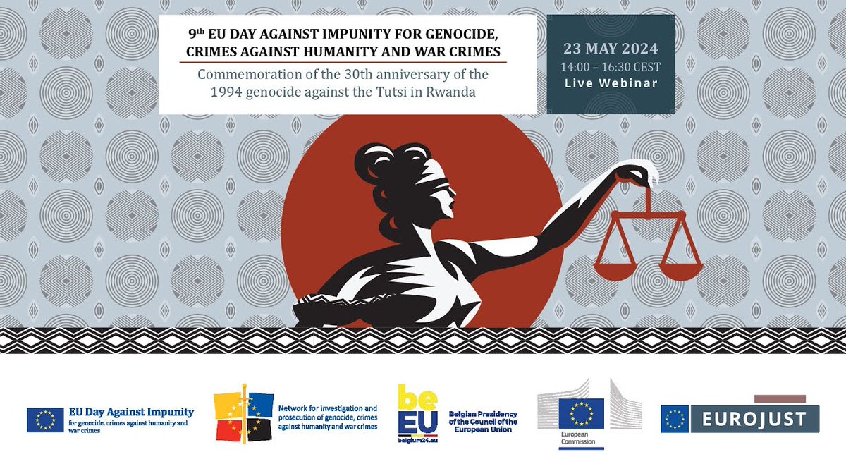 Eurojust's tweet photo. ⚠️ ICYMI: Eurojust, @EU2024BE, @EU_Commission & the #GenocideNetwork marked the 9th EU Day Against Impunity.
The webinar commemorated the 1994 genocide in Rwanda, focusing on successful prosecutions, int’l cooperation & lessons learned.
📽️ https://t.co/zsJ35jc8k2
#EUDAI https://t.co/e4LZ17LN1V