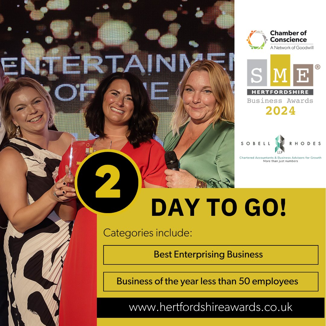 ⏰Only TWO days to go till our SME Extended Entries close! 🥳 The SME Hertfordshire Business Awards provide an excellent opportunity for SMEs in Hertfordshire to enhance their visibility, and applaud excellence in our county. Begin your entry TODAY 👉 tinyurl.com/586h6ss9