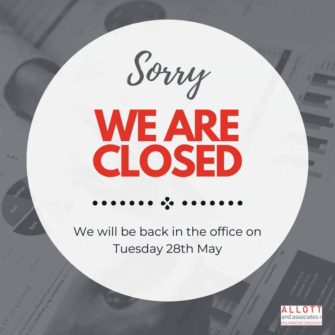 The Allotts office is closed today for the bank holiday.

We will be back in from 9am tomorrow. 👋

#BankHoliday #Closed