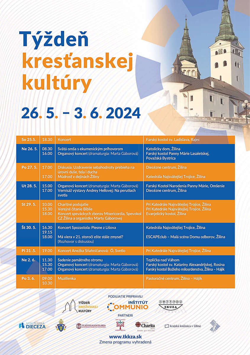 V ŽILINE prebieha Týždeň kresťanskej kultúry.
Srdečne pozývame! 😃

#nasadieceza #dcza #krestanskakultura