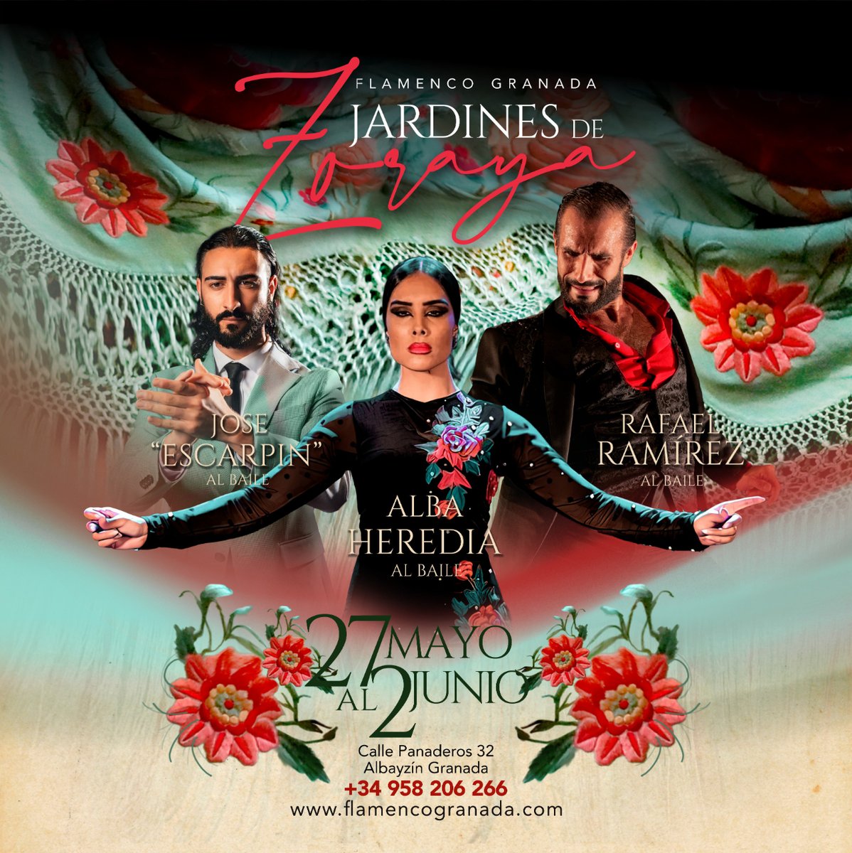 Programación del 27 de mayo al 2 de junio en el tablao #JardinesdeZoraya 👇 

Espectáculos cada día de la semana: 18:00h | 20:00h* | 22:30h*
(*)Cena opcional.
 ¡Solo tienes que reservar!

Entradas ➡️ flamencogranada.com

#flamenco #tablaoflamenco #granada