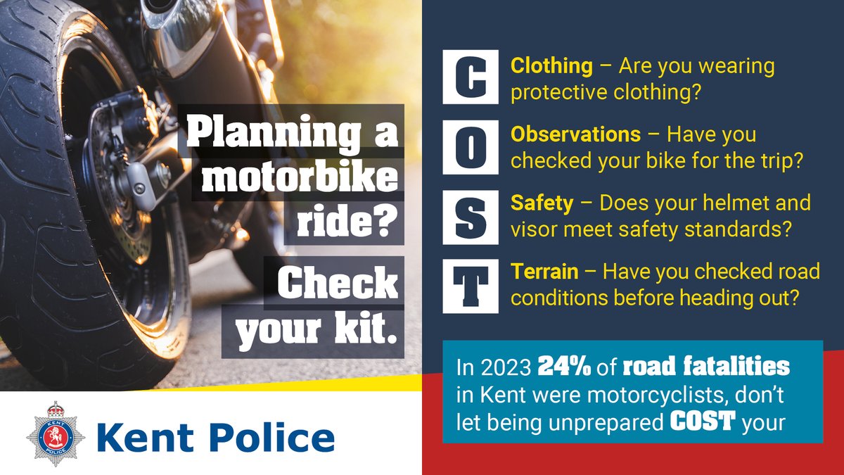 Taking your bike out this bank holiday? Stay safe by ensuring you have prepared for your journey - check your kit, ride responsibly and be vigilant, don't let it #COST you your life.