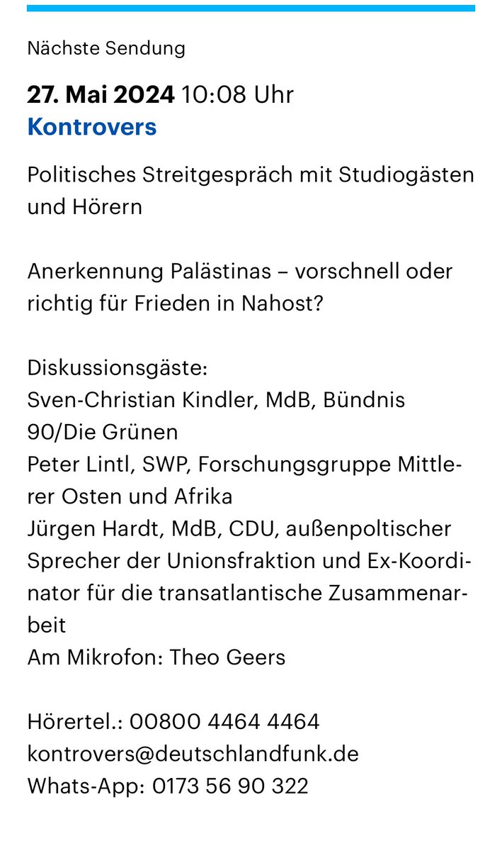 Gleich im Deutschlandfunk bis 11.30 Uhr in der Sendung „Kontrovers“ zum Nahostkonflikt, der Lage in Israel und Gaza, dem Völkerrecht +einer politischen Lösung. Mit @TheoGeers, @juergenhardt + Peter Lintl von @SWPBerlin. Gerne anrufen und mitdiskutieren 👇 deutschlandfunk.de/kontrovers-100…