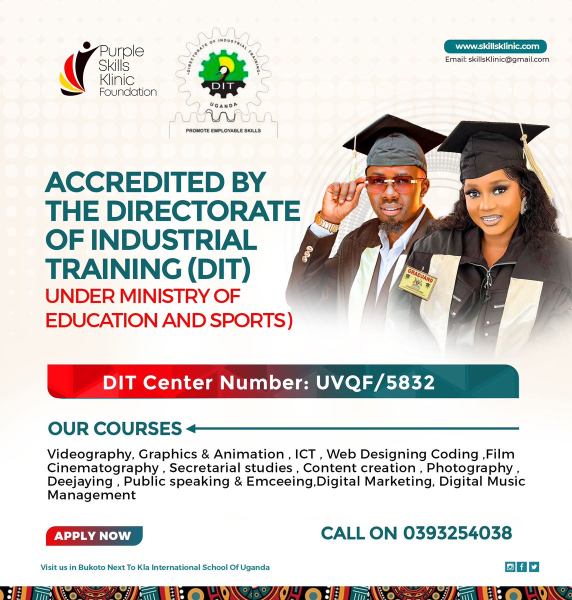 Purple Skills Klinic is accredited by Directorate of Industrial training (DIT) under the Ministry of Education and sports. DIT Ctr No: UVQF/5832. Come learn a skill. Registration for the June Intake ongoing. Call 039 3254038 @skillsklinic #SkillsKlinic skillsklinic.com