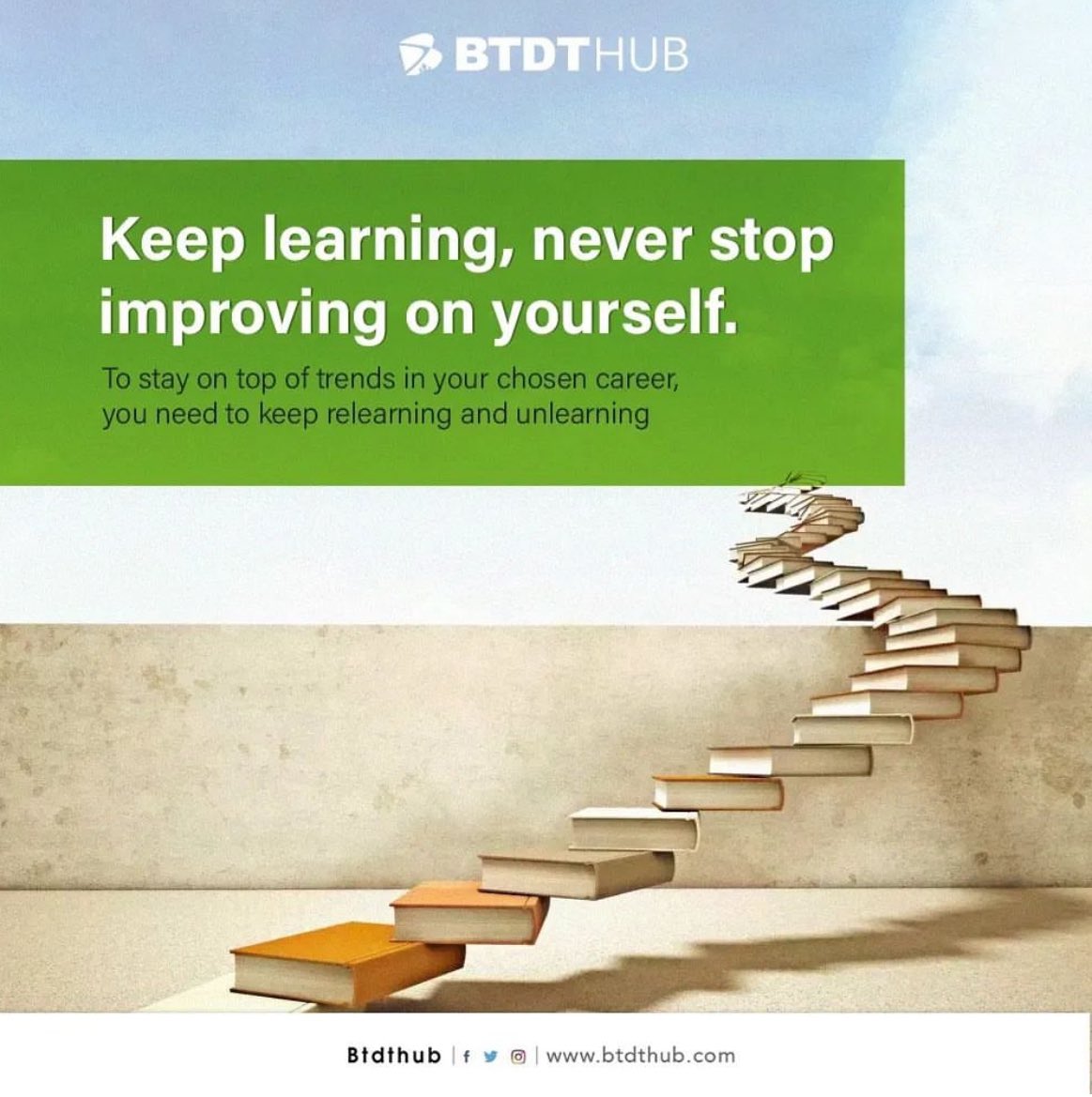 Keep learning. Keep investing in becoming a better YOU. This week is a great time to reflect and commit to personal growth. Don't stop improving on yourself. #MondayMotivation #BTDTHub