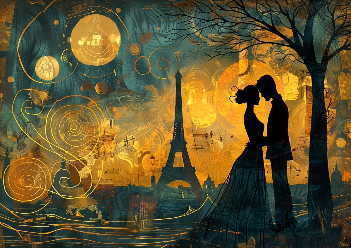 This one combines yesterday's 'romantic evening in Paris' prompt, with a 'whimsical woodgrain' style shared by @Charoa1974, to beautiful effect :) #midjourney