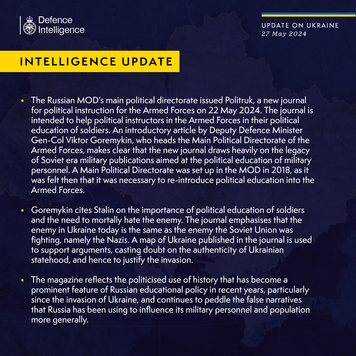 Latest Defence Intelligence update on the situation in Ukraine – 27 May 2024. Find out more about Defence Intelligence's use of language: ow.ly/jU6v50RWiYu #StandWithUkraine 🇺🇦