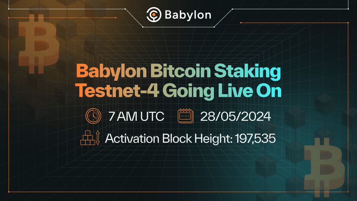 🔶🔒 Babylon Bitcoin Staking Testnet-4 goes live tomorrow!

We are excited to announce the launch of Babylon Bitcoin Staking Testnet-4 on Tuesday, May 28, 2024.

⚡️Dashboard: btcstaking.testnet.babylonchain.io
⚡️Galxe: app.galxe.com/quest/Babylon/…

Here's everything there is to know about the