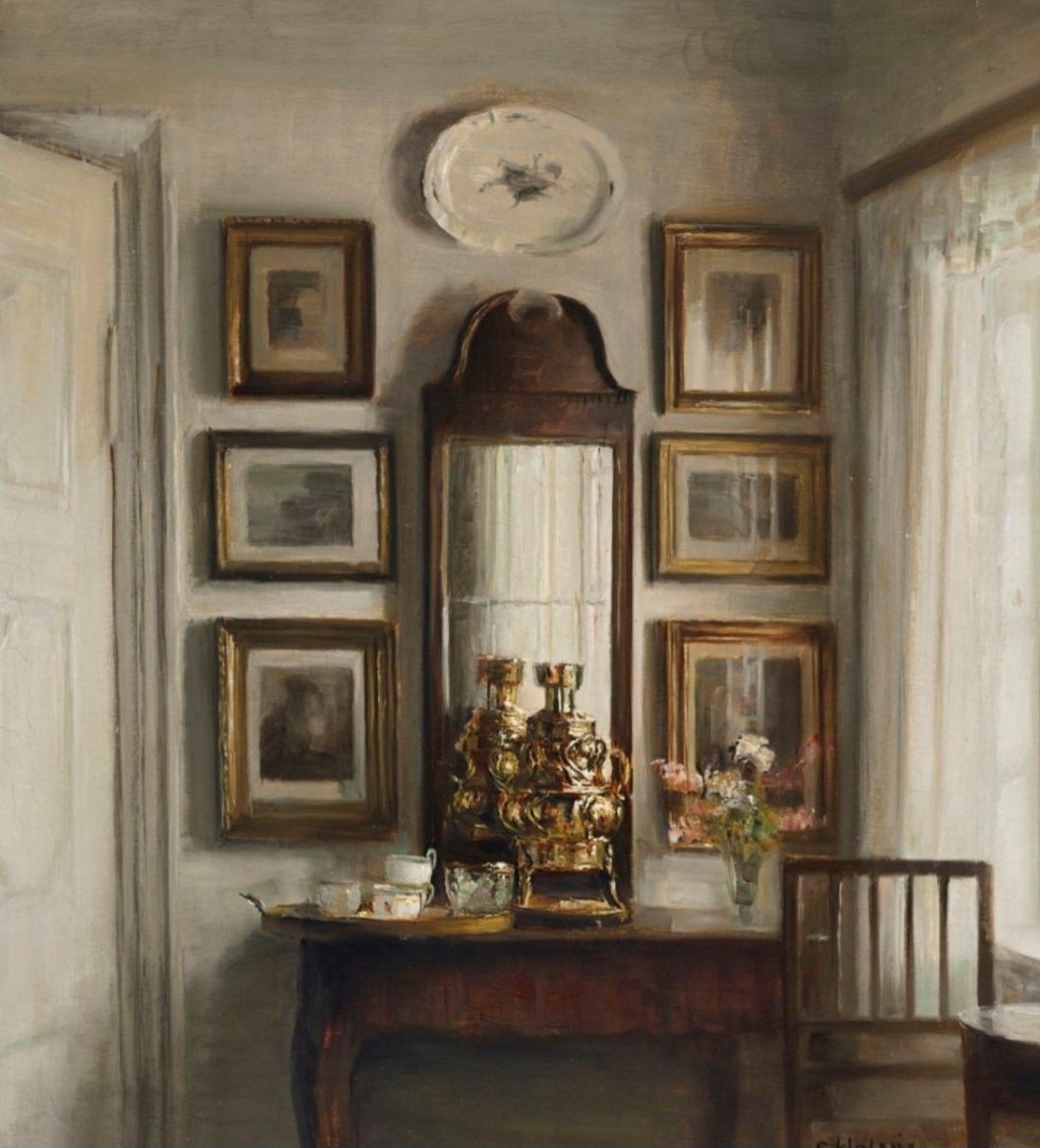 'Interior with a Samovar.' (1890s) Like his friend Vilhelm Hammershøi, Carl Holsøe's work offers us restrained elegance. Usually, a single person is in a room, but sometimes he would dispense with the figure and invent a composition purely from furniture, sunlight, and space.