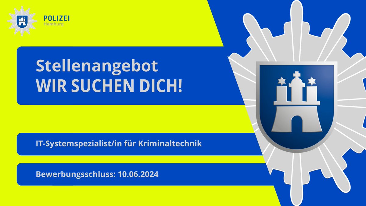 #Stellenangebot 

Wir suchen: 
IT-Systemspezialist/in für Kriminaltechnik  

Bewerbungsschluss ist der 10.06.2024. 

Alle Infos, Telefonnummern für Fragen, sowie die Möglichkeit der Onlinebewerbung: t1p.de/fem81