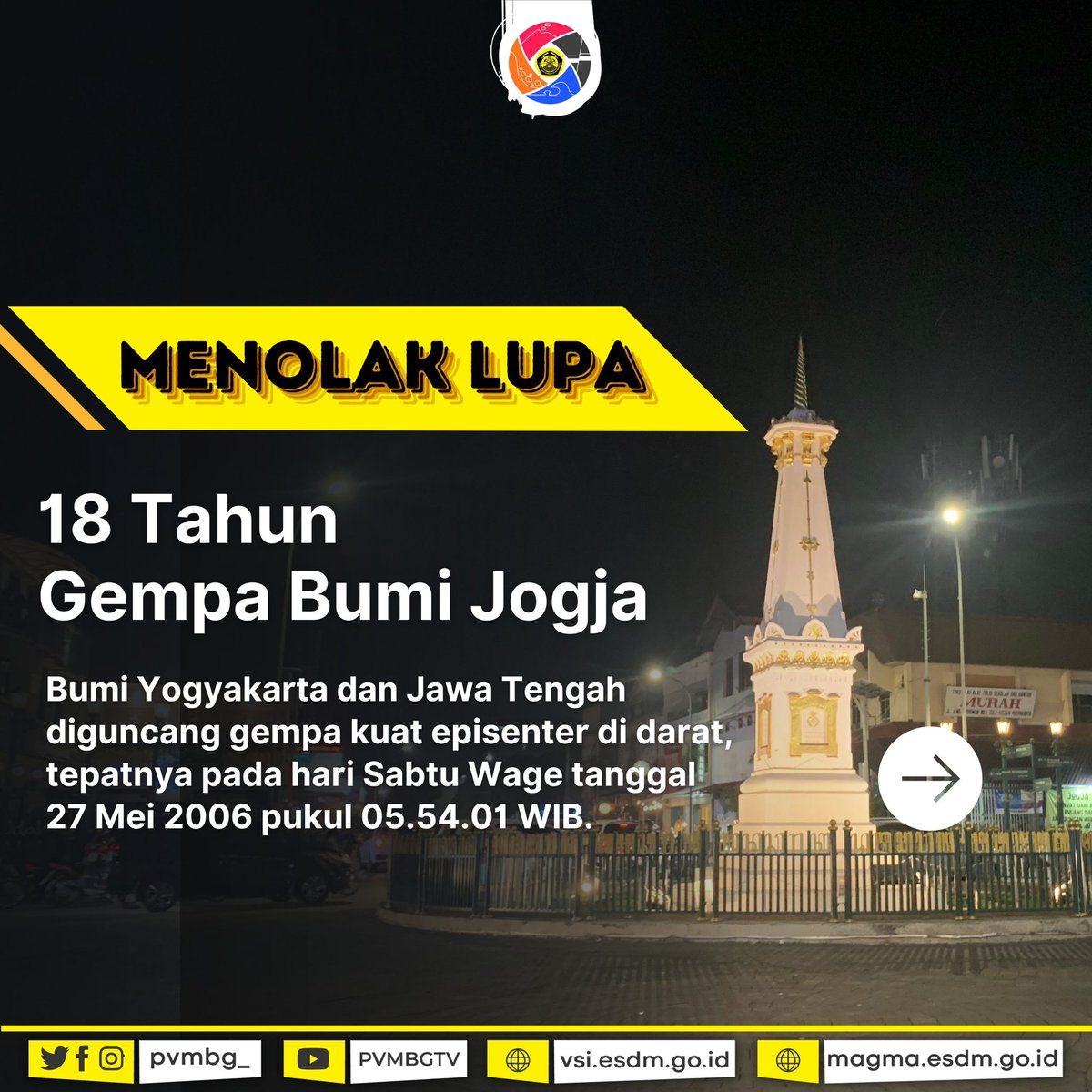 [MENOLAK LUPA: GEMPA BUMI JOGJA]
Bumi Yogyakarta dan Jawa Tengah diguncang gempa kuat episenter di darat, 18 tahun yang lalu, tepatnya pada hari Sabtu Wage tanggal 27 Mei 2006 pukul 05.54.01 WIB. BMKG mencatat kekuatan gempa ini 5,9 SR, sedangkan USGS mencatat kekuatannya 6,2 Mw.