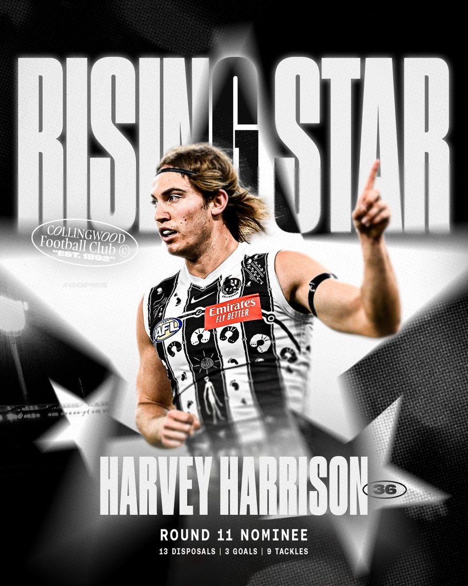 A career high three goals and now some special recognition for the mantle piece! Harvey Harrison is the Round 11 AFL Rising Star 🌟