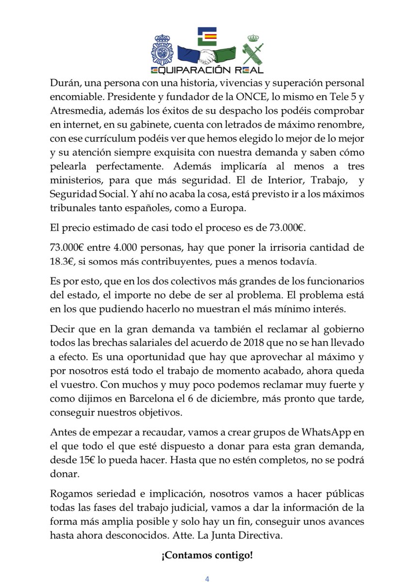 La asociación @equiparacionER por la #EquiparaciónReal pidiendo pasta por una supuesta demanda para el reconocimiento de la #ProfesionDeRiesgoYa

Es decir, los miembros del CEP de Málaga que son quienes lo forman, no creen en las posibilidades del @cep_cepolicia
