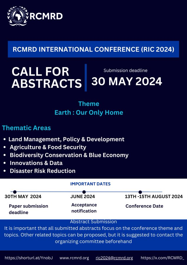 📢📢 Only 3 days left to #RIC2024 Abstract Submissions! Don't miss this chance to share your insights with a global audience! Let's talk about 𝐄𝐚𝐫𝐭𝐡, 𝐨𝐮𝐫 𝐨𝐧𝐥𝐲 𝐡𝐨𝐦𝐞🌍 Submit now and be part of the conversation! 🌐 ric2024.rcmrd.org/conference-inf…