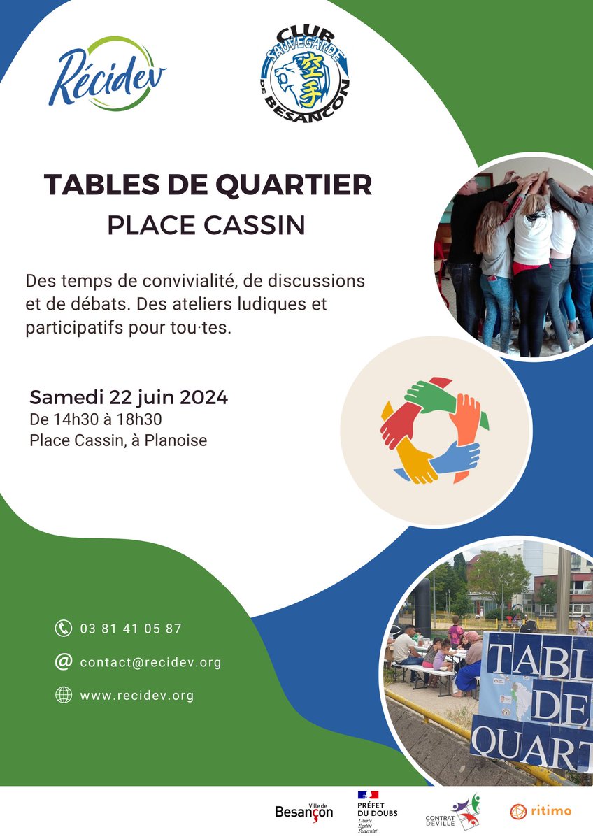 ReCiDev25's tweet photo. #Besançon
Les Tables de quartier sont de retour à Planoise ! 
Nous vous donnons rendez-vous samedi 22 juin à la Place Cassin à partir de 14h.
https://t.co/mkOZJDcDf8 https://t.co/RCYsVbPkwJ