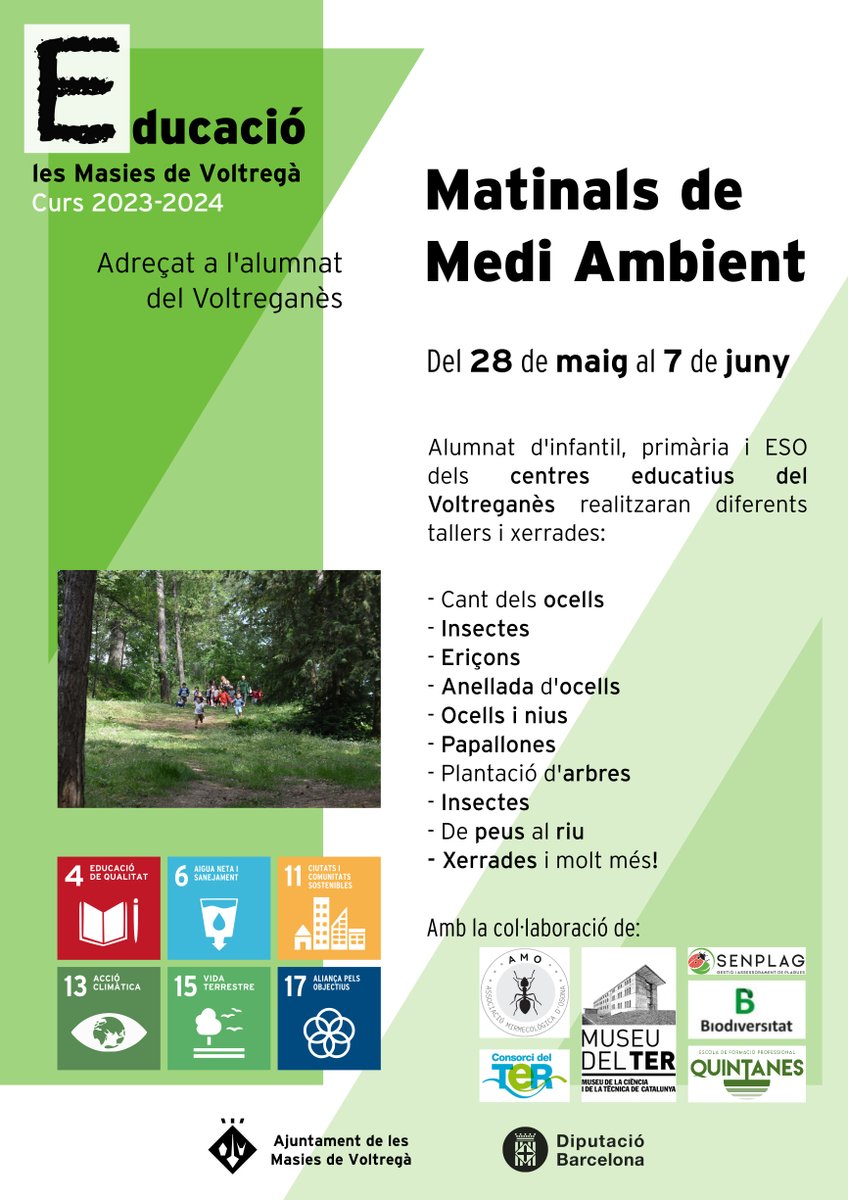 masies_voltrega's tweet photo. Demà iniciem #MatinalsMediAmbient organitzades àrea educació Ajuntament #lesMasiesdeVoltregà dirigides a centres educatius #Voltreganès

Activitats d'enguany: #anellament #CantOcells #eriçons #ocells #insectes #papallones plantació arbres...

#EducacióLMV #LMV #MediAmbientLMV https://t.co/gaEZUGvJrc
