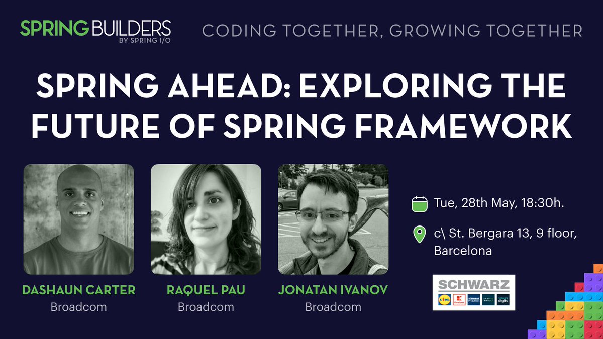 ⏰ Tomorrow we'll have our Spring Builders meetup with @dashaun, @raquelpau and @jonatan_ivanov. Spring Ahead: Exploring the Future of Spring Framework. Join us if you are already in Barcelona: meetup.com/spring-builder…