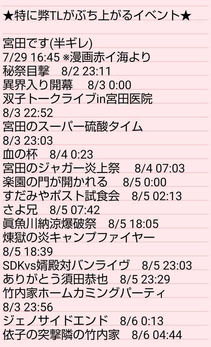 超個人用！異界入りまでの準備リスト①～③

我はやるべきことをすぐに忘れるタチなので、自分用に「この時期はコレをするぞ」というものをまとめてみた(マジで自分用でしかない)

4枚目は弊TLで特にぶち上がるシナリオイベントを、激選して日時順に羅列しただけぞ