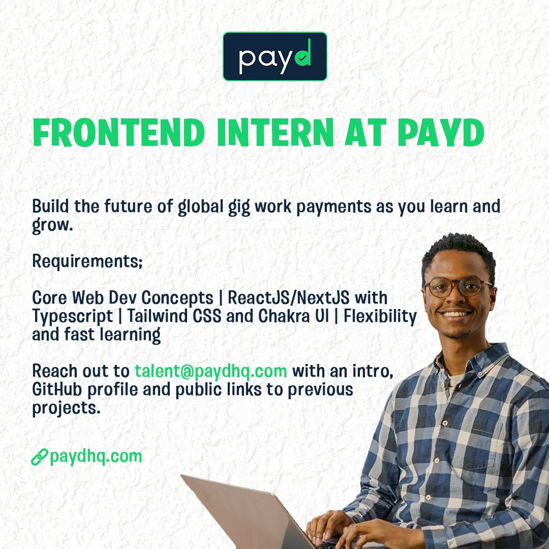 Opportunity to grow and learn with the Mavericks Got a knack for developing good and responsive UI? Shoot us at talent@paydhq.com with your intro & GitHub profile to grow in the listed skills on the poster as you build the future of payment for gig workers.💪 #TechInternship