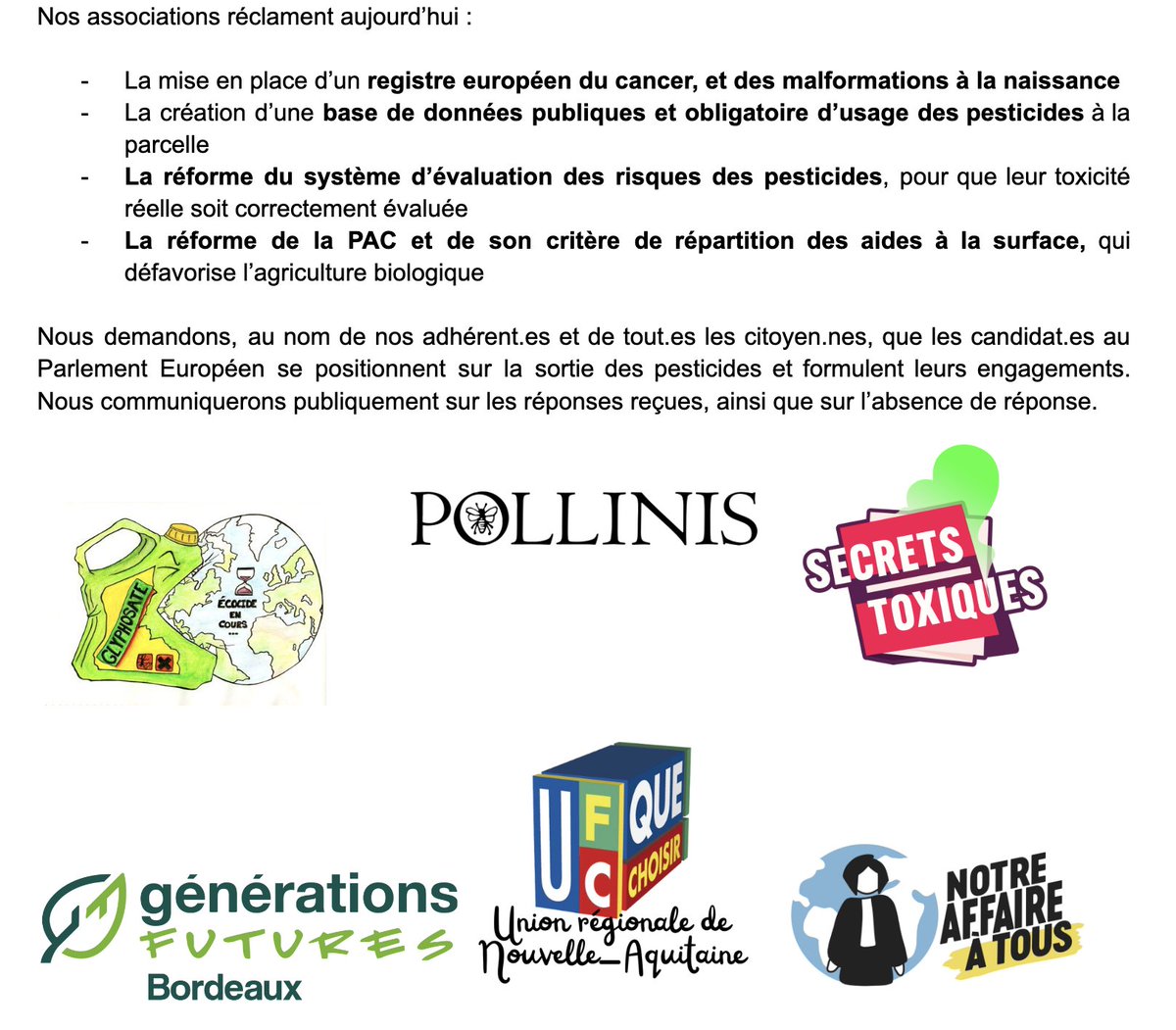 Lettre ouverte aux candidat·es eurodéputé·es ✉️ Nous portons la voix des citoyen·nes et demandons la fin de cette pollution agressive des sols, des eaux, des produits alimentaires, de l’air et des êtres vivants 👇 notreaffaireatous.org/wp-content/upl…