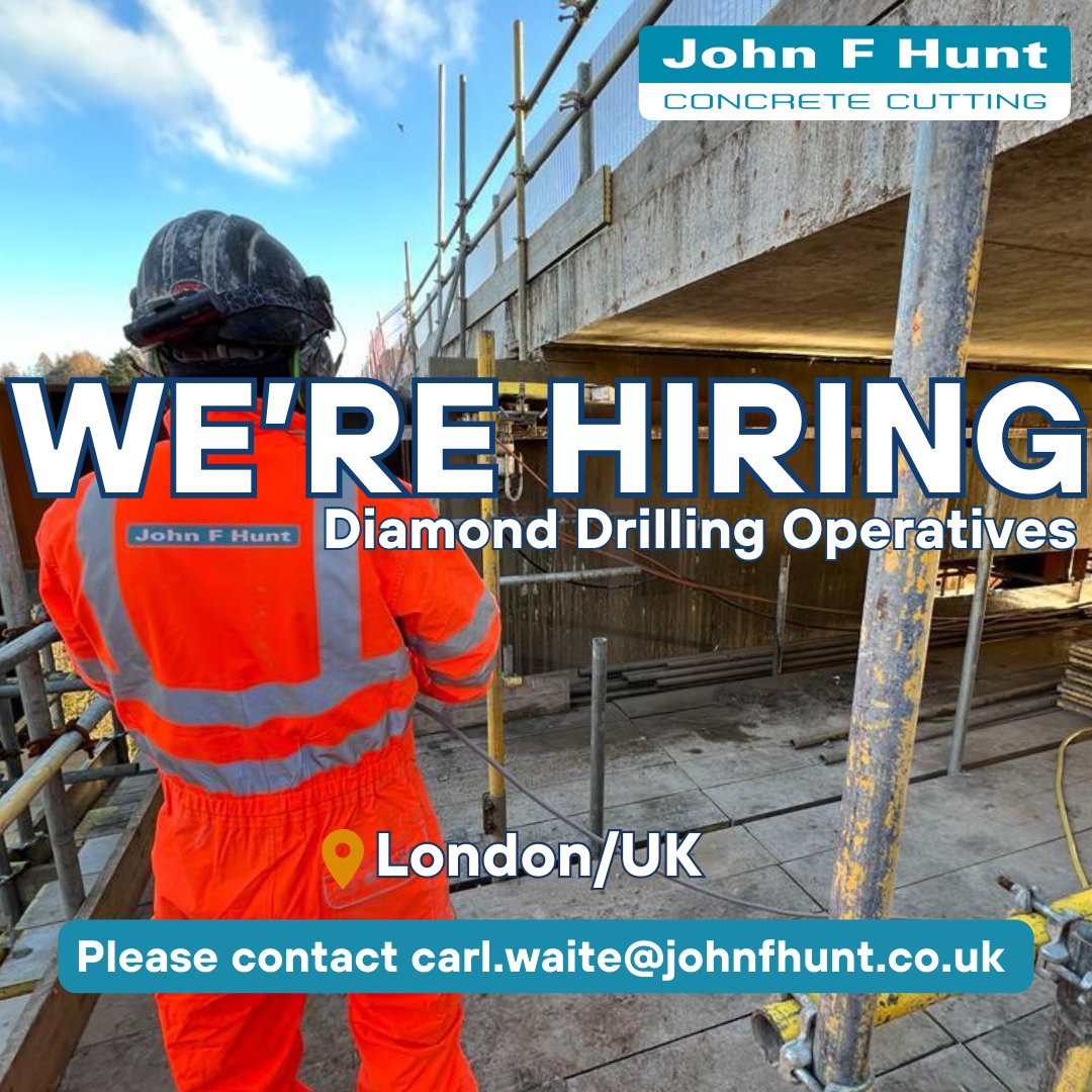 📢CALLING ALL DIAMOND DRILLING OPERATIVES 📢
London/UK
NVQ Level 2
Long-term Projects, Competitive Salary, Immediate Start

Join our expanding John F Hunt Concrete Cutting team!

Interested? Contact:
📞 07773594040
📩 carl.waite@johnthunt.co.uk
#hiring #vacancy #jobopportunities