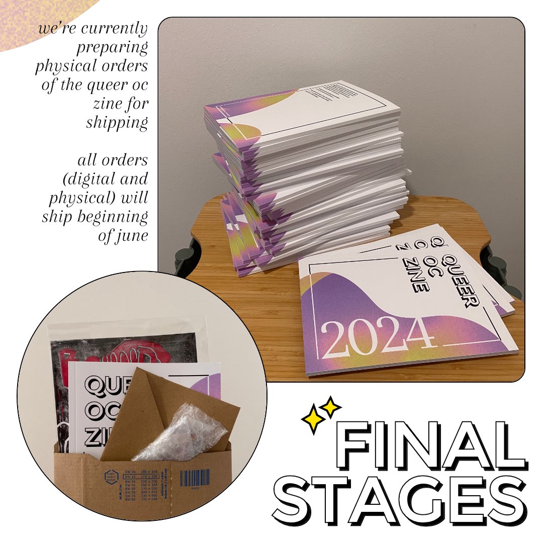 queeroczine's tweet photo. We're entering the final stages of this year's Queer Oc Zine project! ✨

Physical orders are being prepared for shipping and everything (including digital orders) will ship beginning of June.

Keep an eye out for shipping confirmation emails! https://t.co/1MzKutuZjM