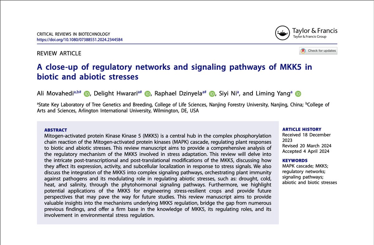 New #Publication Alert🔥🔥 This review provides detailed understanding on the roles of MKK5 - associated cascades in the regulation of environmental stresses in plants. #Coldstress #Droughtstress #Saltstess #Bioticstress