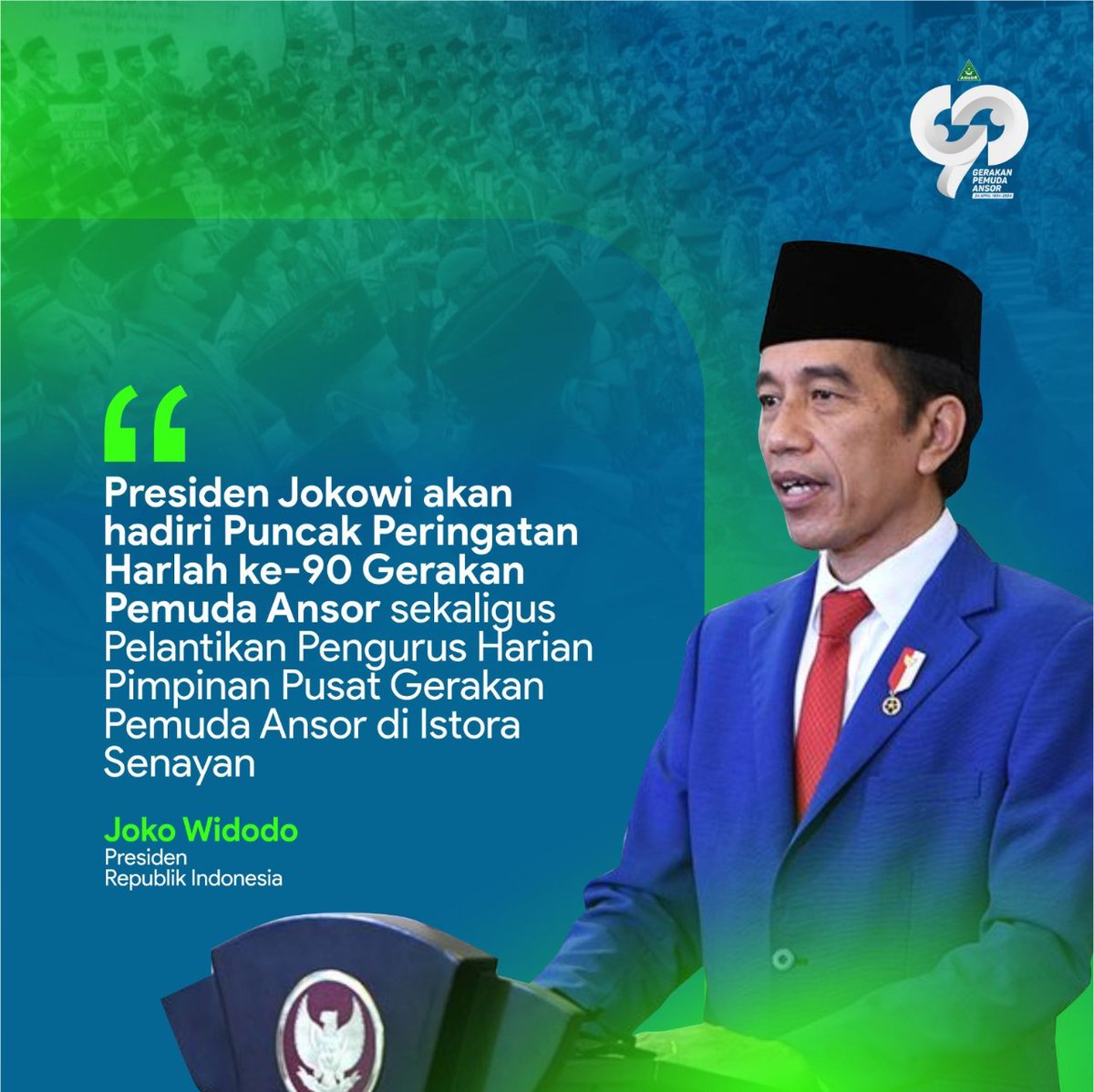 mudah-mudahan saja puncak peringatan harlah ke-90 gerakan pemuda ansor bisa berjalan lancar, karena ini sekaligus akan menjadi pelantikan pengurus harian pimpinan pusat gerakan pemuda ansor di istora senayan #AnsorMemanggil