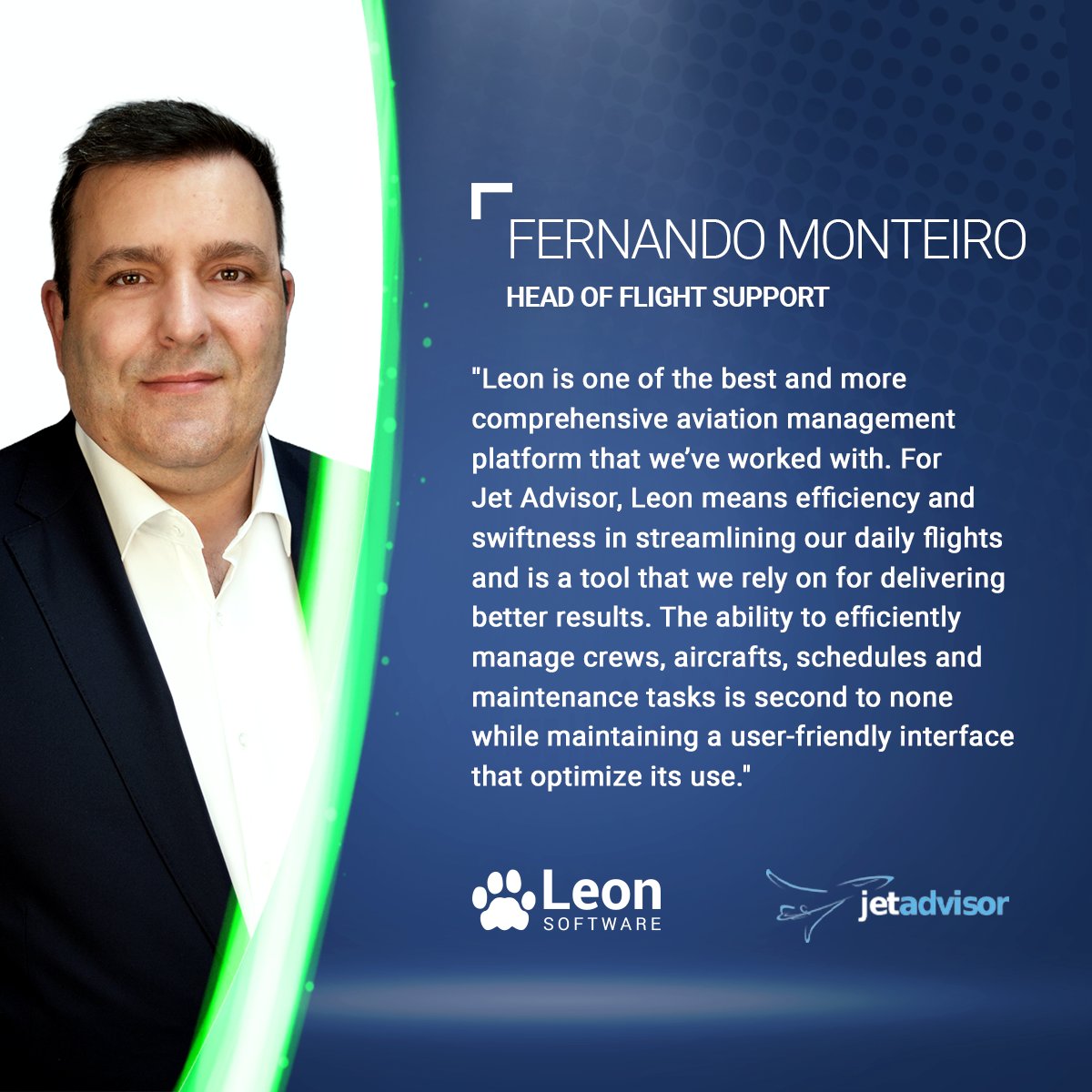 LeonSoftware's tweet photo. ✨Find out what sets us apart, read the testimonial from Fernando Monteiro, Jet Advisor's Head of Flight Support.

#JetAdvisor #LeonSoftware #Aviation #BusinessAviation #BizAv https://t.co/L0FEKL8WiY