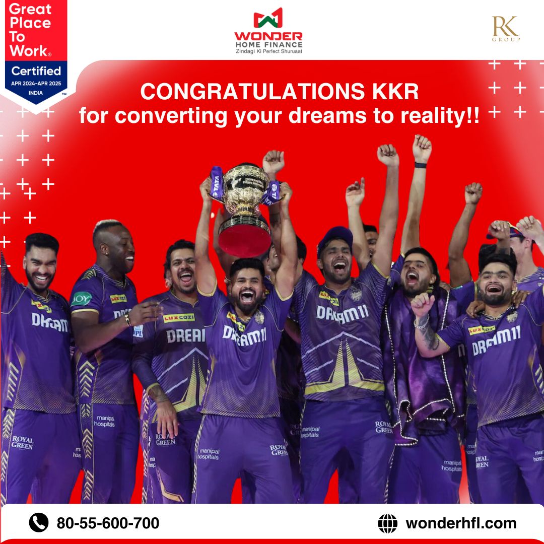 Join us in celebrating KKR's incredible IPL victory! Just like their triumph, our home loans can help you achieve your own winning moment in homeownership. #KKRChampions #IPL #IPL2024 #KKR #KolkataKnightRiders #Trending #Trendingnow #DreamHome #NewBeginnings #wonderhomefinance