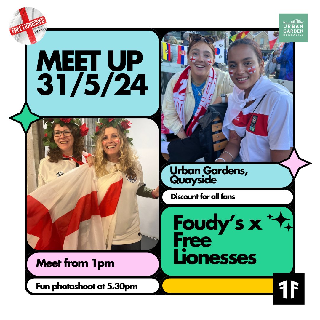 @wearefoudys x @FreeLionesses are hosting a meet up before the ENG vs FRA game. With the help of some geordies, we’ve got a beautiful venue in the heart of the city & some BIG plans! 📍Urban Gardens, The Quayside 🕐From: 1pm 📷Photoshoot from 5.30pm More info to follow…