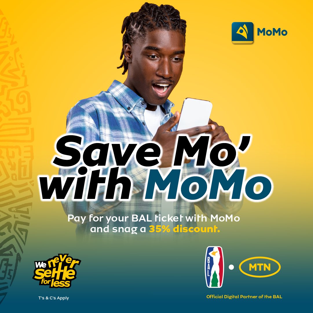 MTNRwanda's tweet photo. Looking to buy #BAL4 tickets for the electrifying final games, don’t fret! SAVE MO’ WITH MoMo!
We have a 35% discount promo for all #BAL4 tickets purchased using MoMo Pay. See you there! 🔥

#WeNeverSettleForLess https://t.co/My6hpDOarg