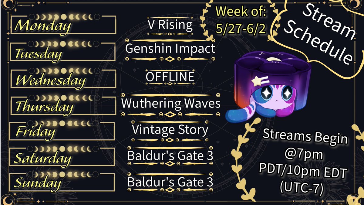 Not many changes to the schedule except our thursday game! We will be trying out the new game! 
(Also totally didn't stream BG3 for almost 11 hours today and just ended the stream XD)