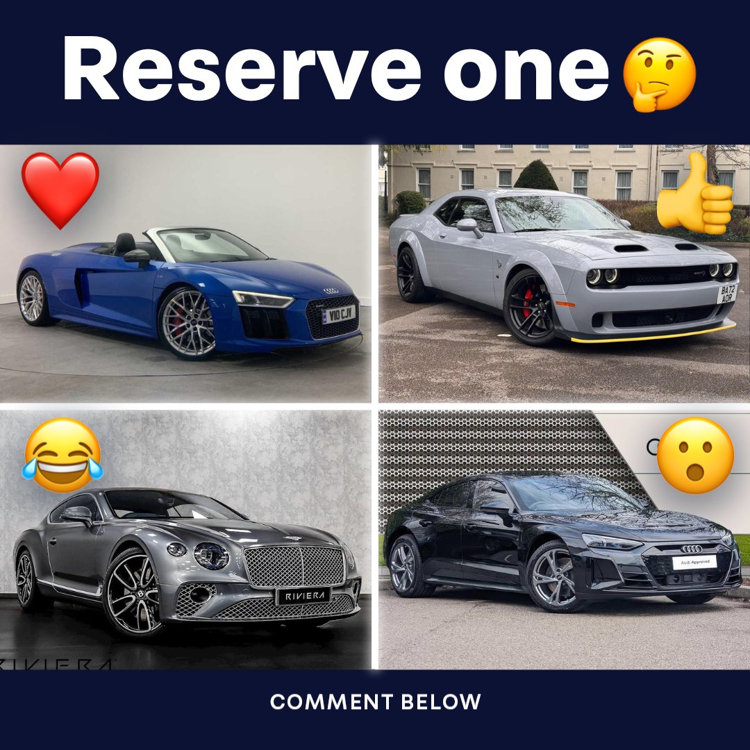 Which of these cars are you reserving? 🤔 ❤️ 2019 Audi R8 Spyder 👍 2023 Dodge Challenger 😂 2018 Bentley Continental 😮 2024 Audi e-tron Vote with an emoji! 👇 Find out more about how you can reserve a car on Auto Trader 👉 bit.ly/3SLQ3bJ 🙌