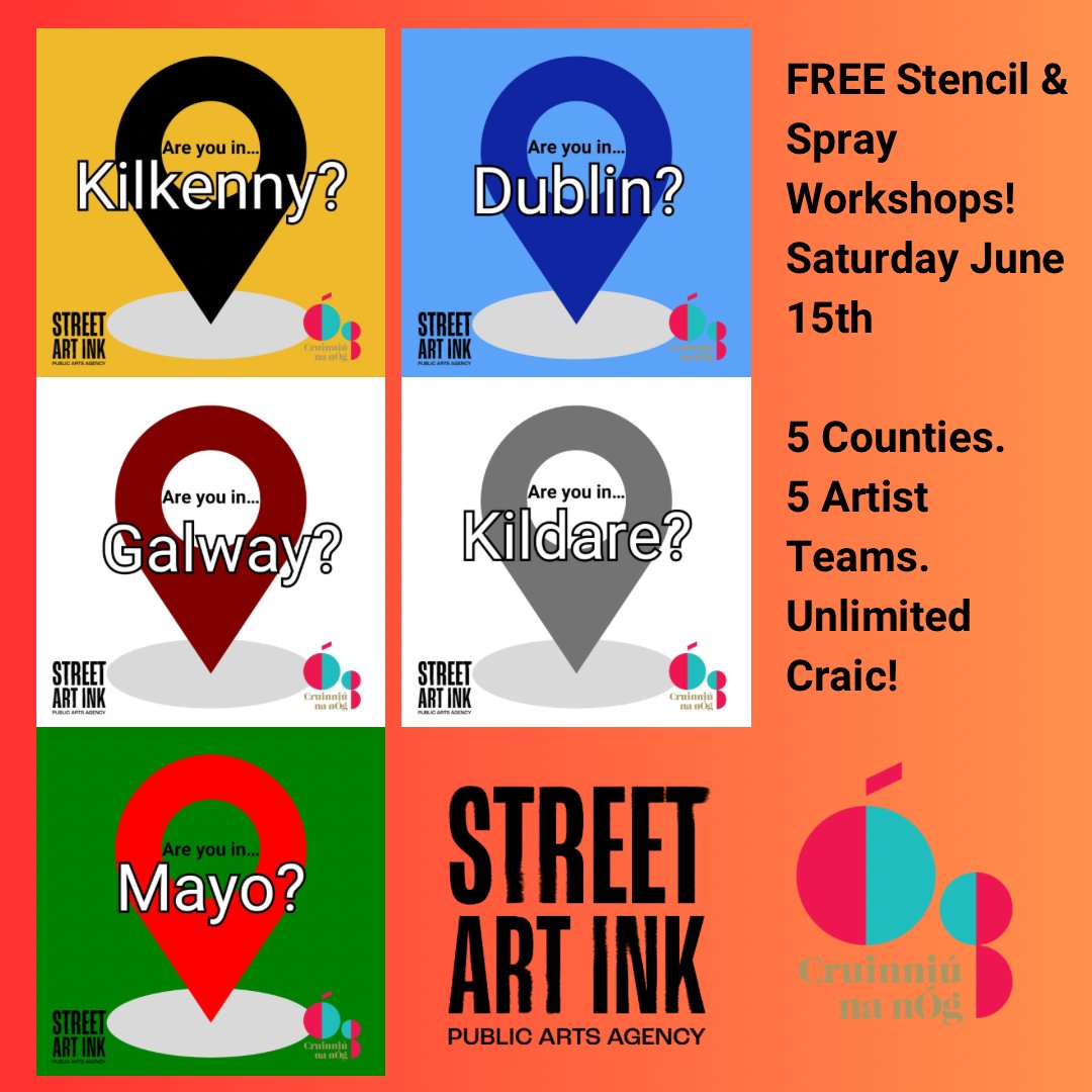 Are you in Kilkenny? Dublin? Galway? Kildare? Mayo? We are delighted to announce our participation nationwide in #Cruinniú this year! @StreetArtInk is running free stencil and spray workshops and artjams in five locations across the country.