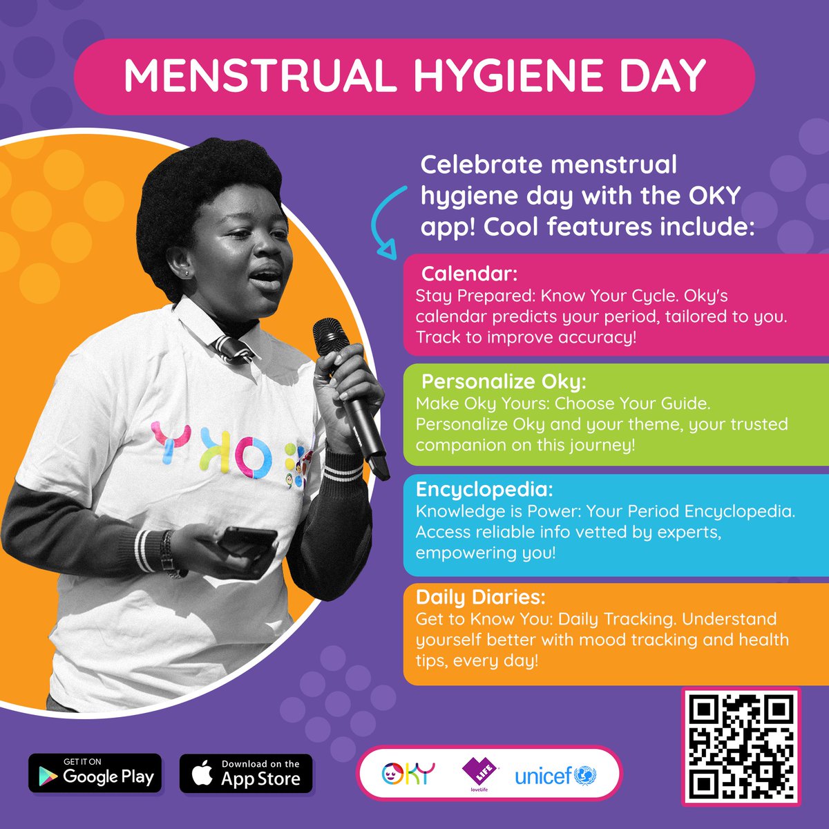 Through the <a href="/okyperiodapp/">Oky Period Tracker For Girls</a>, <a href="/UNICEF/">UNICEF</a> is helping to create a #PeriodFriendlyWorld, free of stigma and period poverty where girls &amp; women are empowered with knowledge.

Download Oky today📱: bit.ly/4dPysHG

#MHDay2024
#MHD2024
#MHDay
<a href="/loveLifeNGO/">loveLife</a>